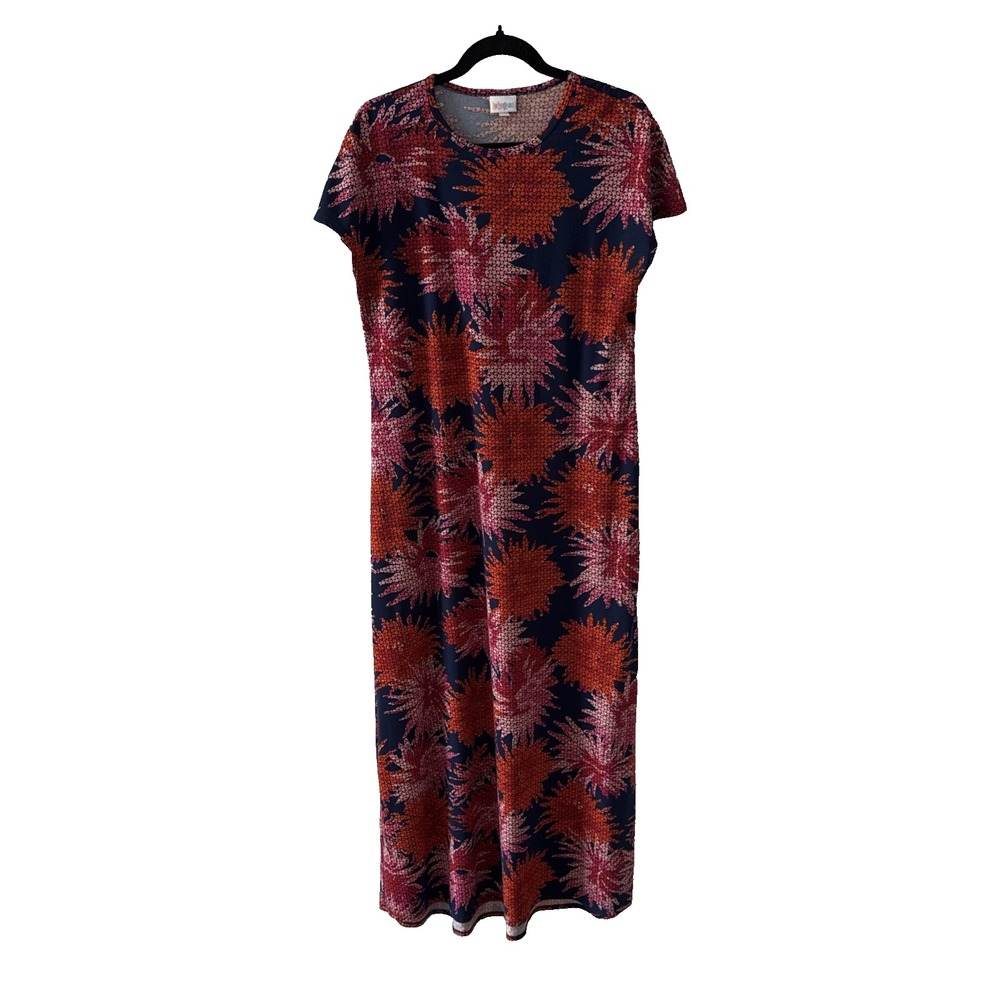 LulaRoe Maria Maxi Dress M Floral Firework Stretch Short Sleeve Boho Cottagecore